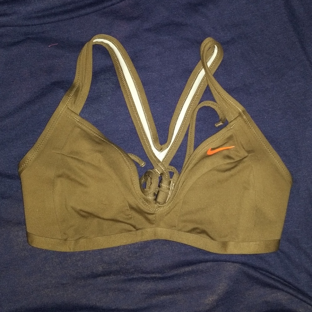 Nike Bikini Top, sz S, Olive w/Orange Swoosh